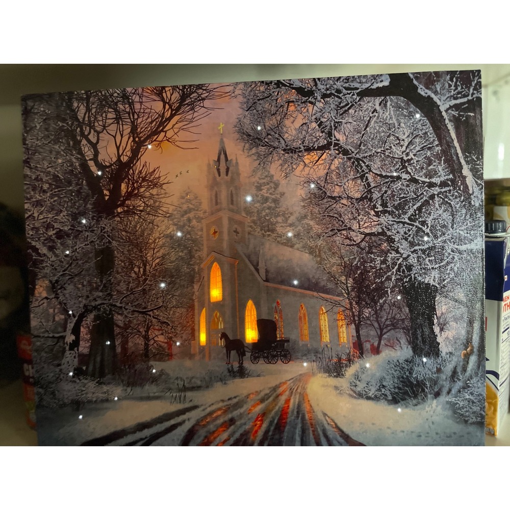 Lighted Winter Church Scene LED Canvas Wall Art Horse Carriage Holiday - Picture 2 of 15